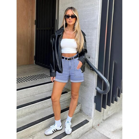 Light Blue High Waisted Stretchy Casual Denim Shorts Ripped Frayed Hem Summer - Picture 6 of 6